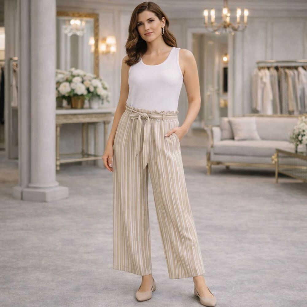 LUSANA Striped Cropped‎ Pants Elastic Waist Belted Wide Leg Relaxed Size XS